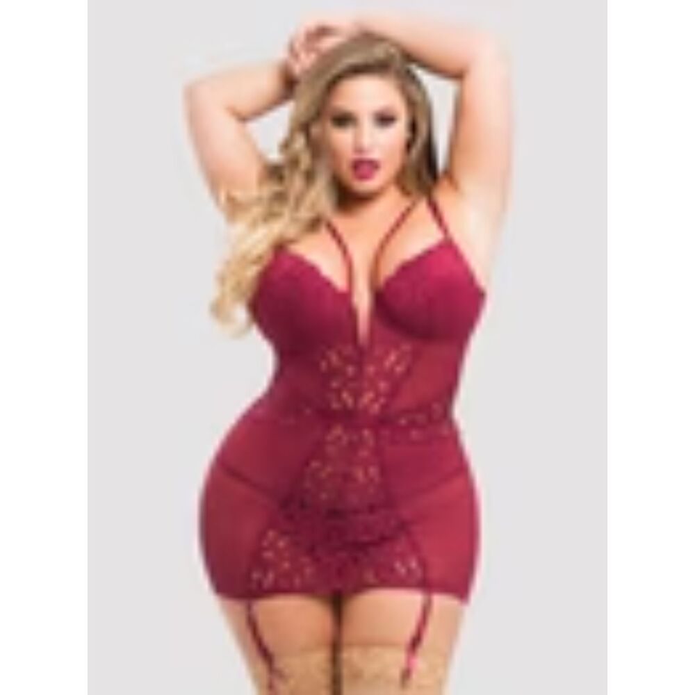 Lovehoney Plus Size Parisienne Wine Lace Plunge Chemise 1x/2x